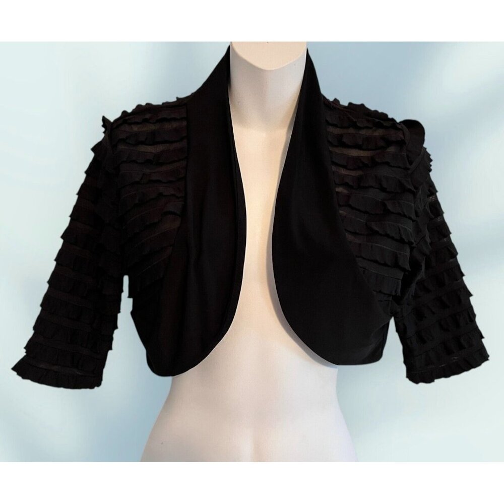 Y2K Ruffle Bolero Mesh Crop Jacket SMALL Black Whimsigoth Vamp Y2K Shrug Mini